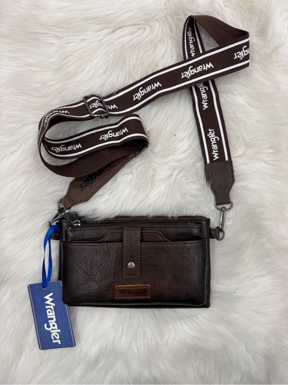 Wrangler Dark Brown Leather Messenger Crossbody with Branded Strap